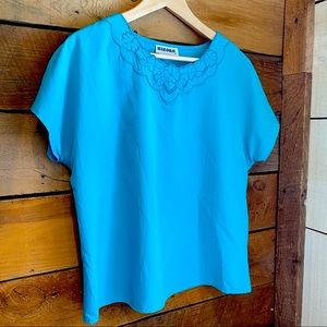 Vintage | Silkie Bright Blue Top Floral Neckline
